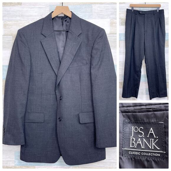 Jos A Bank Wool 2 Piece Suit Dark Gray Two Button 40R Jacket 34x29 Pleated Pants - Picture 1 of 14